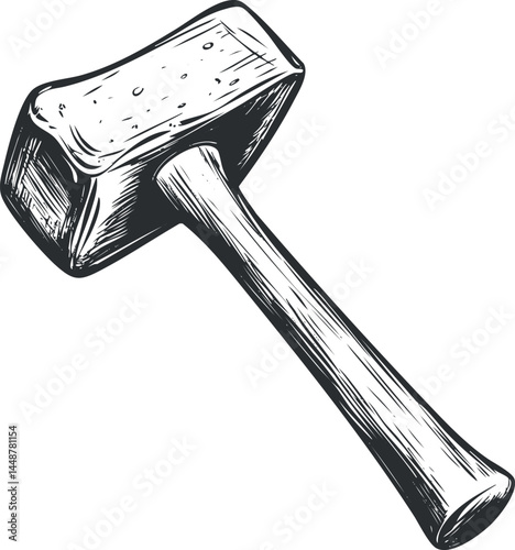 Black and white illustration of a hammer with a wooden handle isolated on white background