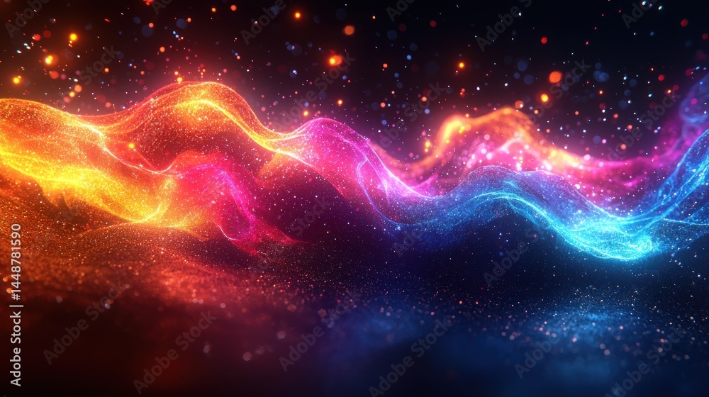 Fototapeta premium Abstract Colorful Glowing Particles Flowing Wave on Dark Background
