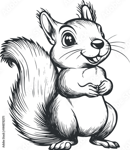 Black and white cartoon illustration of a cute smiling squirrel with fluffy tail and big eyes