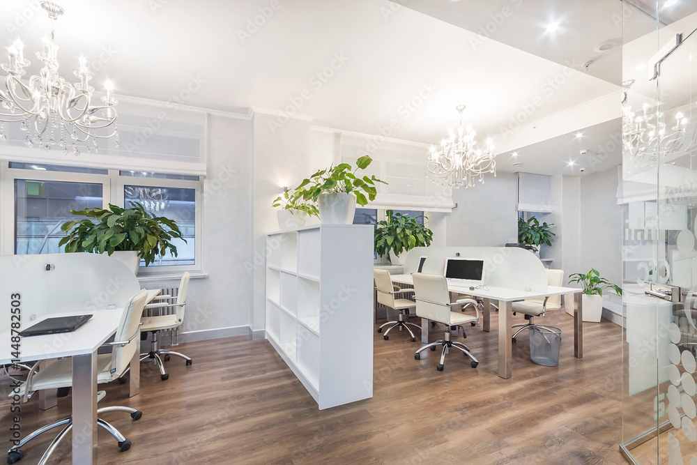 Stylish design of office space. A desk with comfortable chairs, filing cabinets. The interior is decorated in white. Stylish design of office space. A desk with comfortable chairs, filing cabinets. The interior is decorated in white.