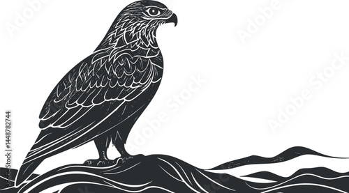 Black and white illustration of a hawk perched on a rock with a mountainous background