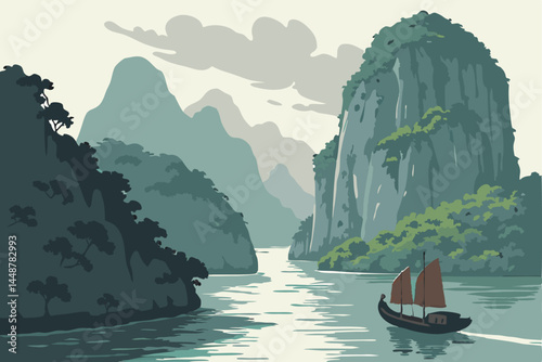 94 Majestic limestone karsts, Tranquil blue-green water, Traditional wooden junk boat, Halong Bay Vietnam, Misty atmosphere, Lush vegetation on cliffs, Calm sea reflections, Dramatic cloud formations,