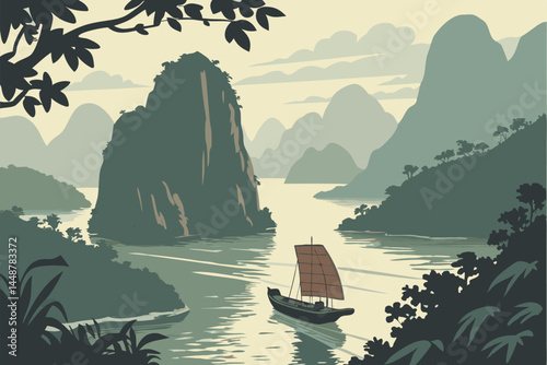94 Majestic limestone karsts, Tranquil blue-green water, Traditional wooden junk boat, Halong Bay Vietnam, Misty atmosphere, Lush vegetation on cliffs, Calm sea reflections, Dramatic cloud formations,