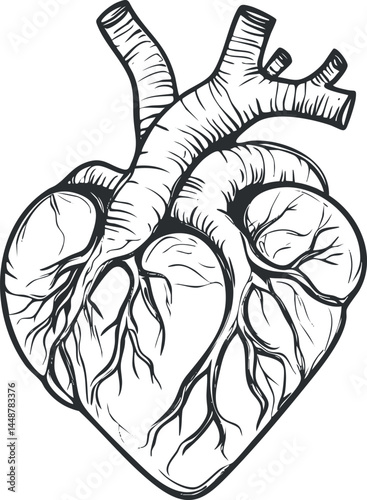 Black and white line art illustration of a human heart anatomy showing arteries and veins