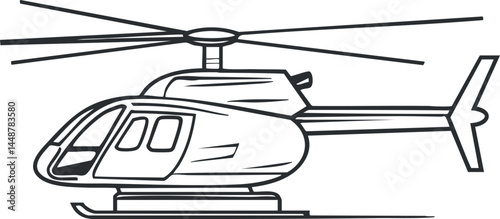 Black and white line art illustration of a helicopter showing side view with detailed rotor and cockpit