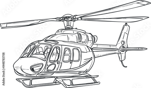 Black and white line drawing of a helicopter with detailed rotor blades and cockpit windows