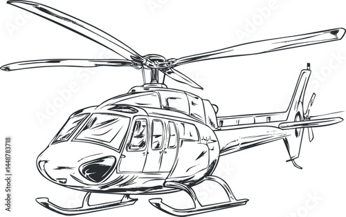 Black and white sketch illustration of a helicopter with detailed rotor blades and cockpit windows