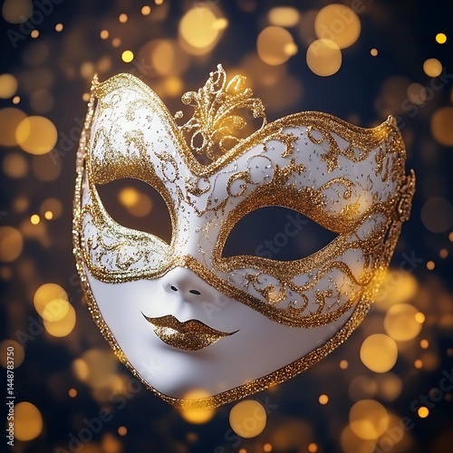 Elegant Venetian carnival mask against a backdrop of golden lights.