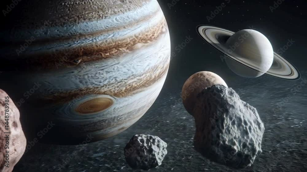 Jupiter, Saturn, and Asteroids in Outer Space