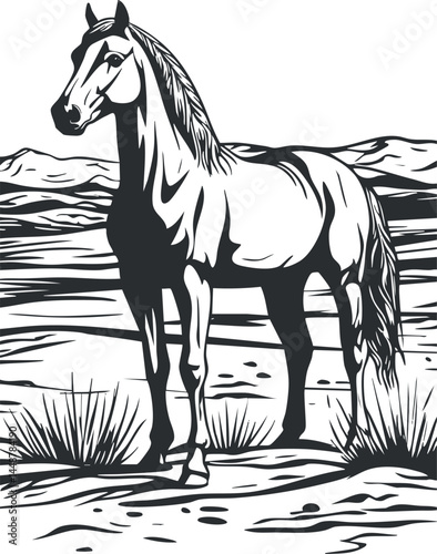 Black and white vector illustration of a horse standing in a natural desert landscape with mountains and grass.