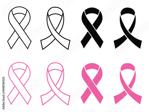 Breast cancer ribbon icon set. Cancer charity awareness ribbon vector icon in black filled and outline style. black ribbon