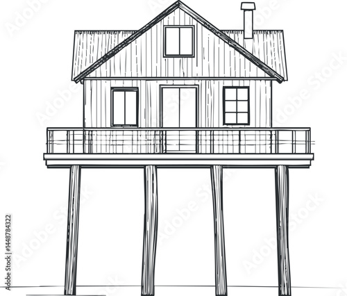 Black and white line drawing of a wooden house on stilts with balcony and chimney