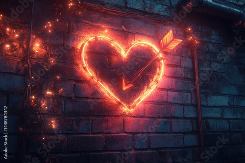 Illuminated heart neon sign urban location graphic nighttime love concept