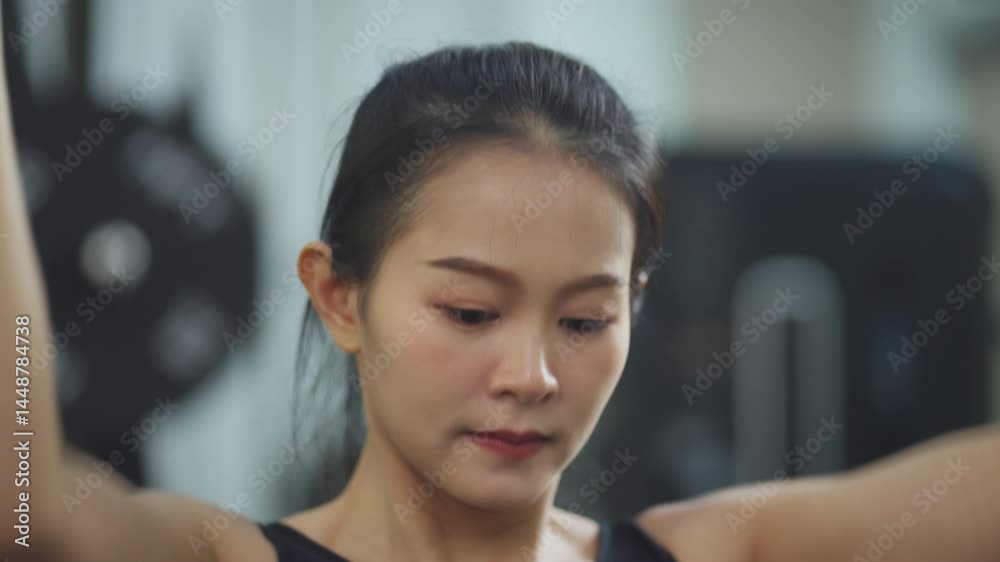 Close-up of a young Asian woman concentrating during weight training in a modern gym. Concept of discipline, health, and mental focus in fitness routines. Close-up of a young Asian woman concentrating during weight training in a modern gym. Concept of discipline, health, and mental focus in fitness routines.