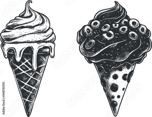 Black and white hand drawn illustration of two ice cream cones with creamy swirls and toppings