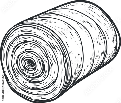 Black and white sketch of a round hay bale roll used in farming and agriculture for animal feed and storage.