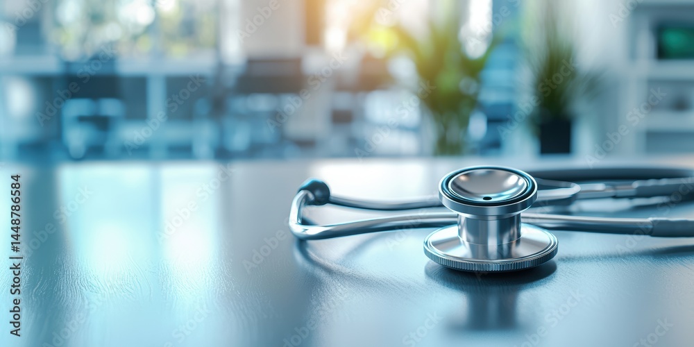 a medical stethoscope on a desk in a hospital a medical stethoscope on a desk in a hospital