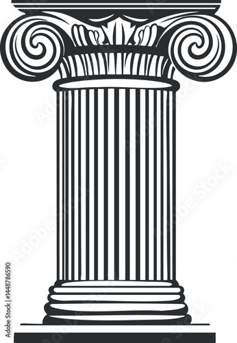 Black and white vector illustration of an ionic classical architectural column with fluted shaft and ornate capital