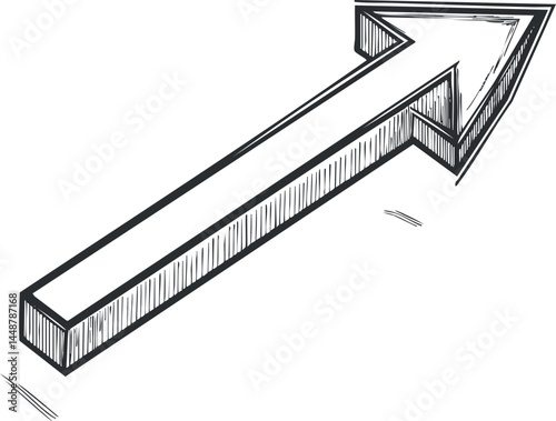 Hand drawn sketch of a three dimensional arrow pointing upward and to the right symbolizing growth and direction