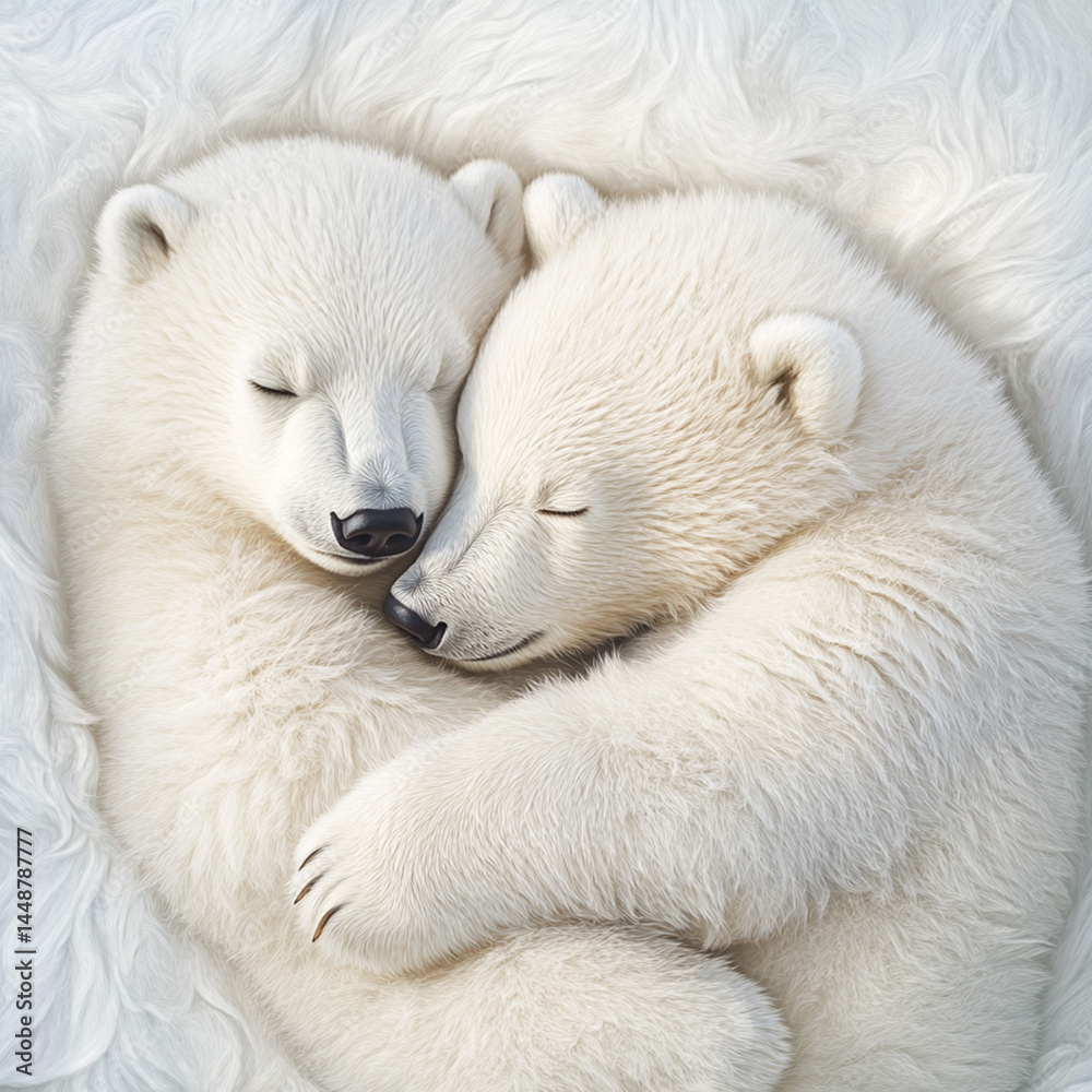 Two Polar Bear Cubs Snuggling Together in Soft Fur Two Polar Bear Cubs Snuggling Together in Soft Fur