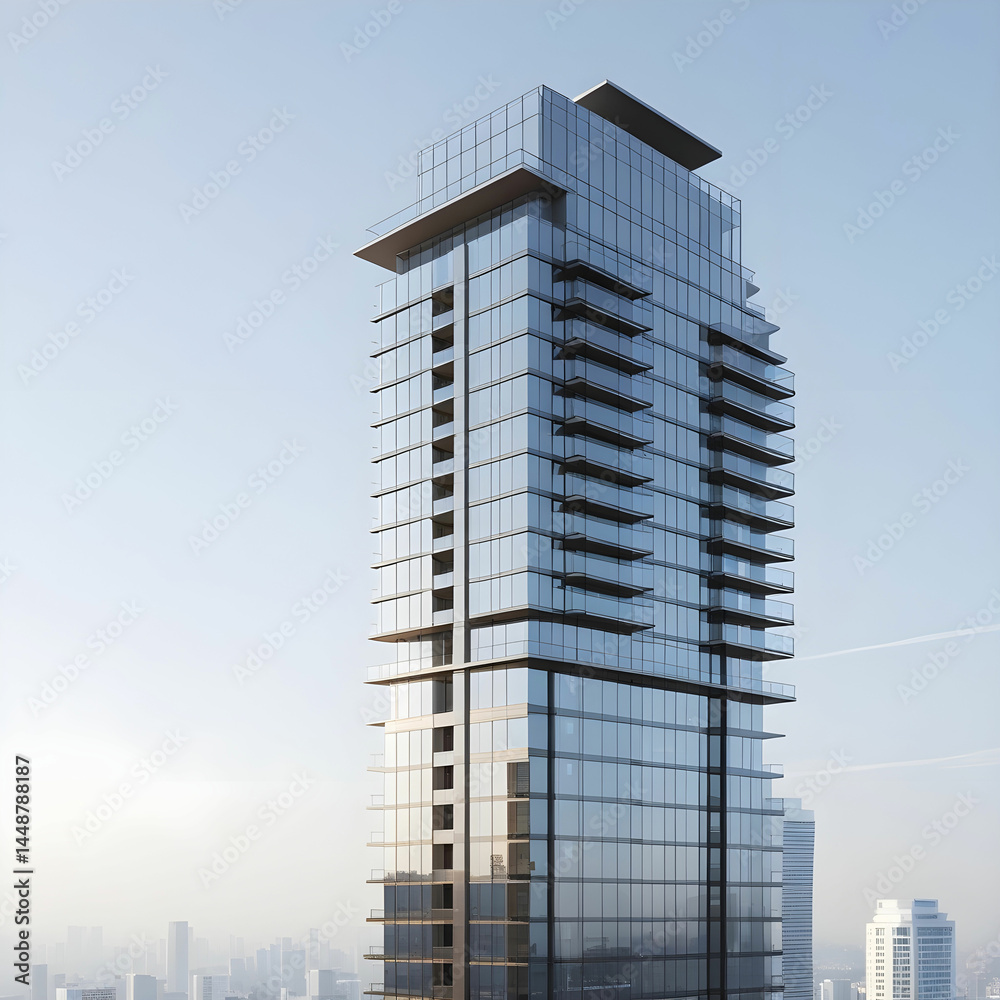 Fototapeta premium A modern high-rise apartment building featuring glass balconies, sharp lines.