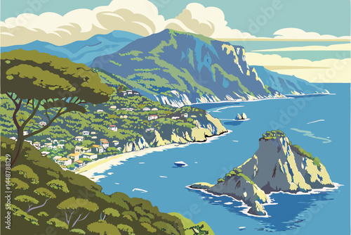 96 Amalfi Coast panorama, stunning blue Mediterranean Sea, dramatic cliffside landscape, lush green vegetation, rugged coastal mountains, azure waters, puffy white clouds, sunny day, vibrant colors, a