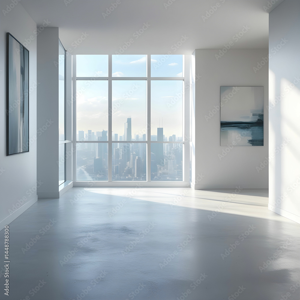 Fototapeta premium A minimalist apartment unit in a high-rise tower, featuring clean architectural line.
