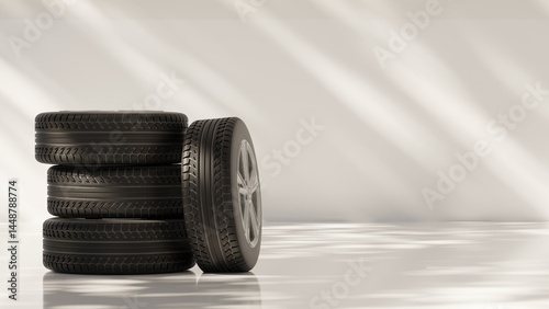 car wheels are lying on the podium car tires. Car tires near gray wall
