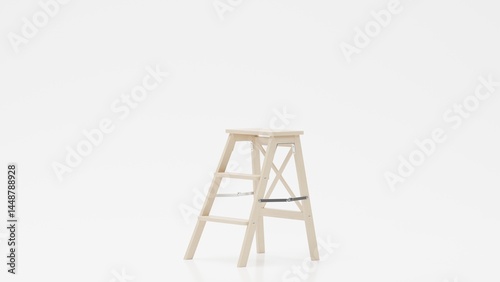 Three-step, light wood ladder with visible fasteners against black backdrop
