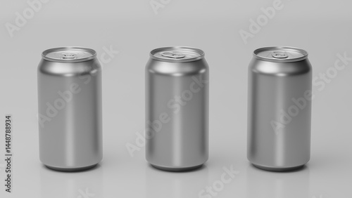 Three Identical Blank Silver Aluminum Beverage Cans in Clean Studio Lighting, Minimalist Product Mockup.