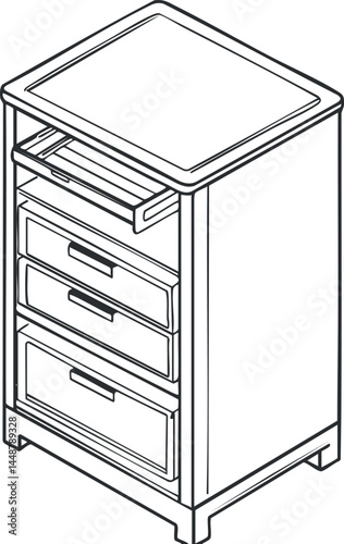 Black and white line drawing of a wooden cabinet with multiple drawers and an open shelf for storage