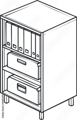 Black and white line art of a storage cabinet with folders and boxes for office organization