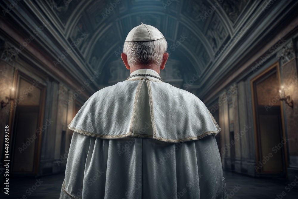 Naklejka premium Back view of elderly caucasian male cleric in cathedral hallway