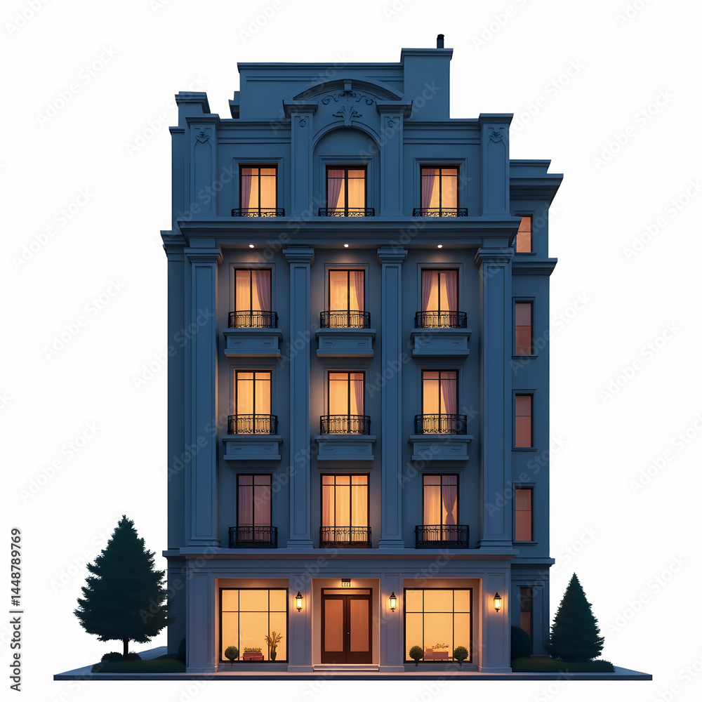 Naklejka premium An apartment building at night with soft lights glowing from the windows.