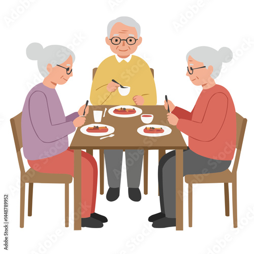 Elderly group sharing a meal - seniors enjoying communal dining, laughing and chatting around table filled with homemade dishes, atmosphere of warmth and heartfelt comfort.