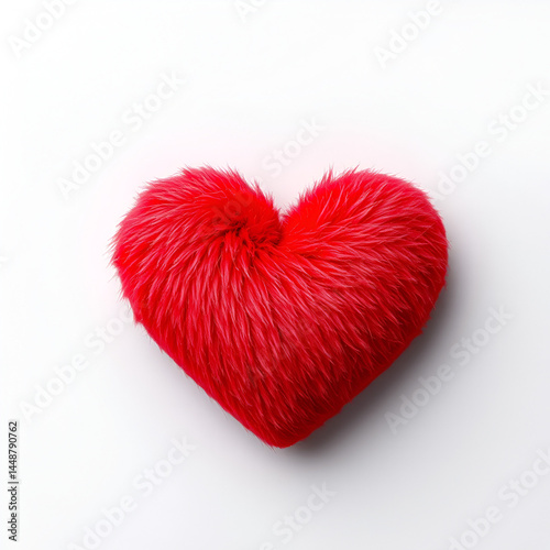A textured red heart icon with a soft, fur-like surface rests on a neutral gray background, presenting a warm and tactile Valentine's Day concept.