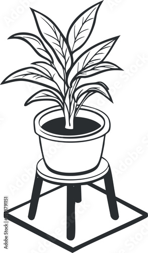 Black and white illustration of a leafy indoor potted plant sitting on a wooden stand with soil in the pot