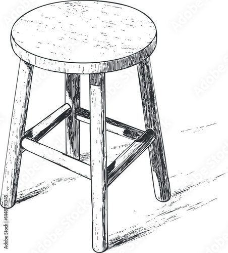 Black and white line drawing of a classic wooden stool with four legs and round seat isolated on white background