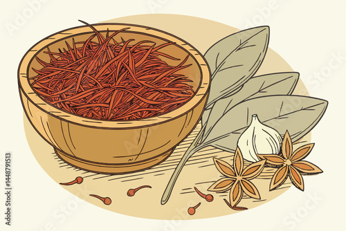 99 Wooden bowl, vibrant red saffron threads, close-up photography, culinary spices, organic textures, rich colors, gourmet ingredients, aromatic spice, high-quality food photography, rustic backdrop, 