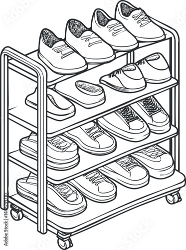 Three-tier shoe rack with multiple pairs of sneakers organized neatly on wheeled shelf unit