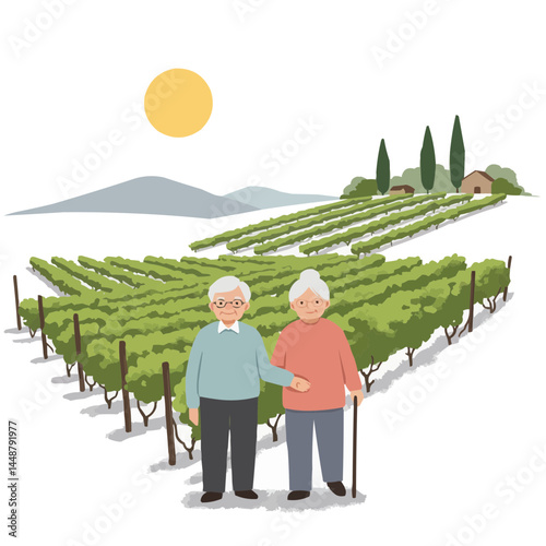 Elderly couple in vineyard - silver-haired pair strolling through grapevines at sunset, holding hands and basking in golden hour tranquility.