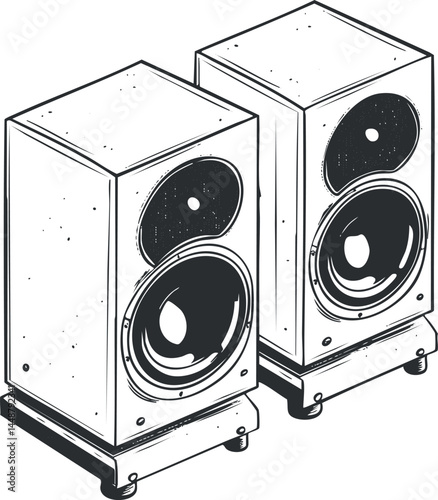 Black and white illustration of two audio speakers with woofers and tweeters on stands