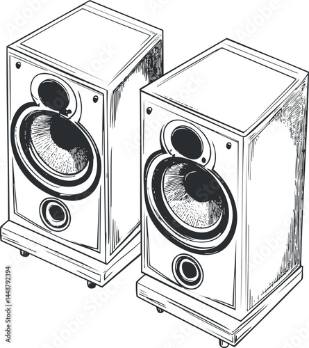 Detailed black and white illustration of a pair of vintage audio speakers with woofers and tweeters