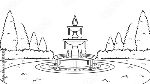 Ornate fountain with flowing water and flame design in a garden setting copy space