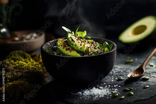 quinoa salad, charred avocado, wilted