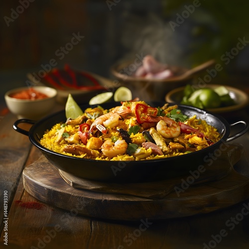 spanish thai fusion paella, coconut, selective focus