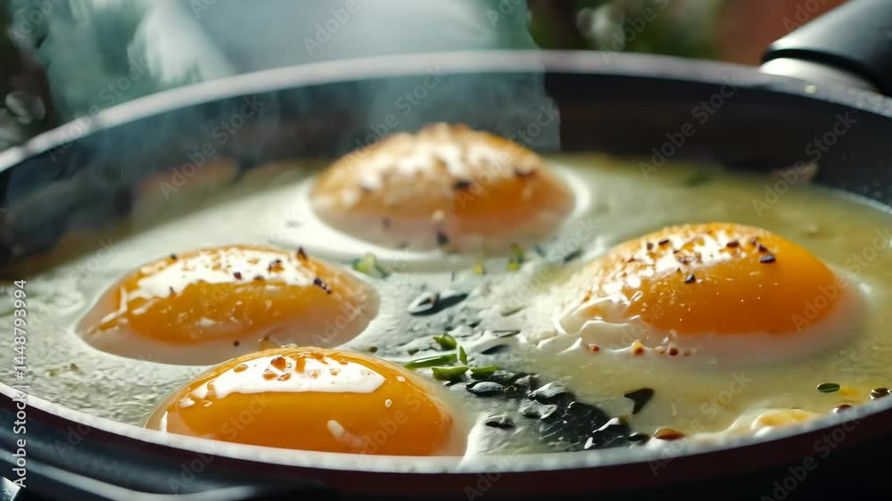 Sizzling eggs cooking in pan with fresh herbs and spices Sizzling eggs cooking in pan with fresh herbs and spices
