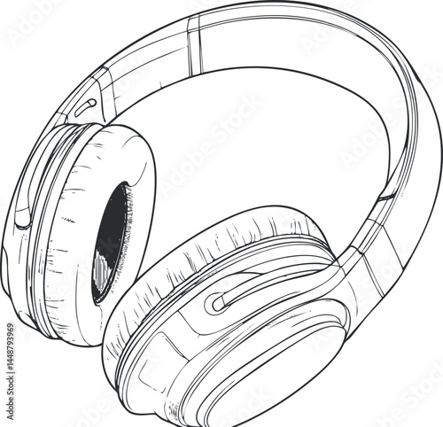 Black and white line drawing of modern wireless headphones with cushioned ear pads and adjustable headband