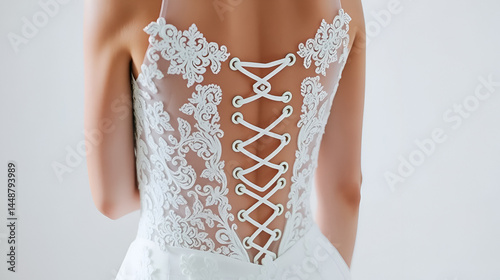 Close-up of a lace-up detail on the back of a bridal gown.