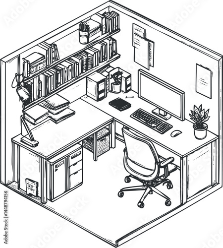 Isometric black and white illustration of a modern office workspace with desk computer chair bookshelves and office supplies